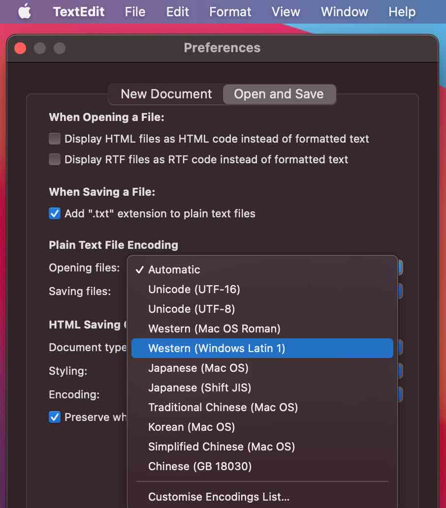 Text encoding in TextEdit